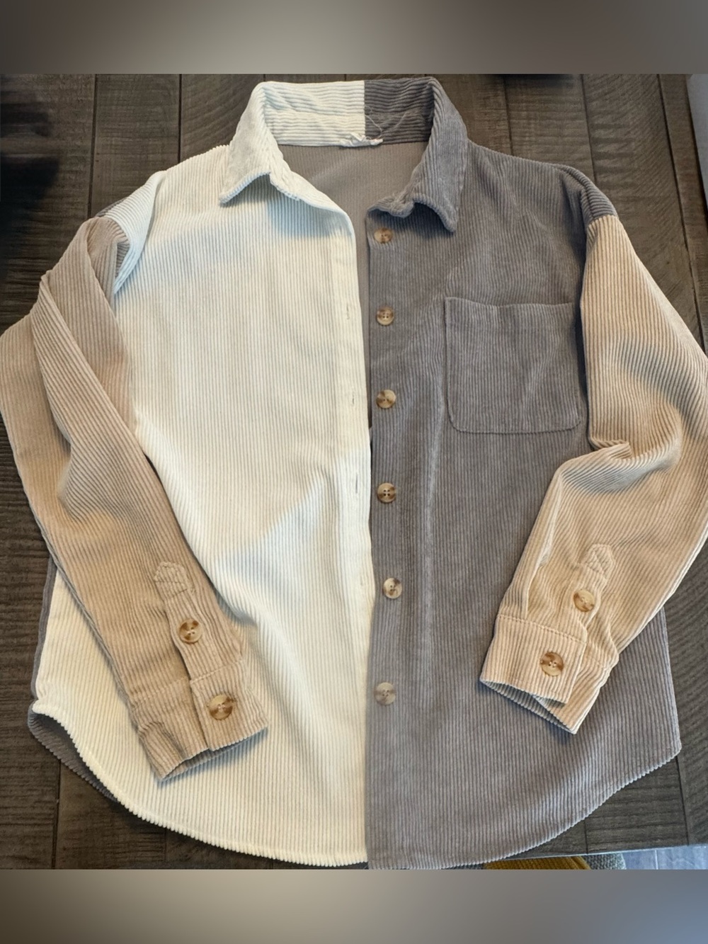 Two-Tone Corduroy Button-Up Shacket in Light Purple, Beige & Gray
